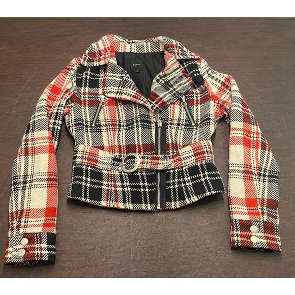Express Jackets & Blazers - 2008 Express Red Black Plaid Belted Zip Up Coat Size Small Y2K Academia Winter